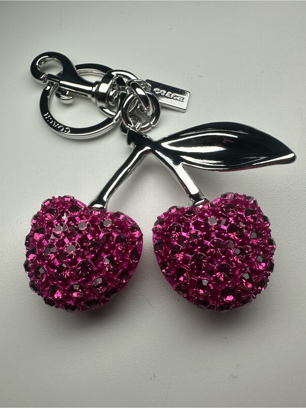 Coach Crystal Cherry Bag Charm Silver Pink CCD32 Keychain Key Ring Dogleash Clip